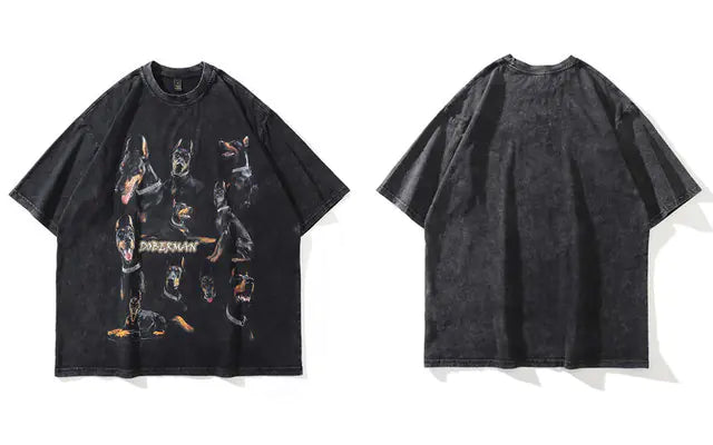 Doberman Print Oversize Distressed T-Shirt