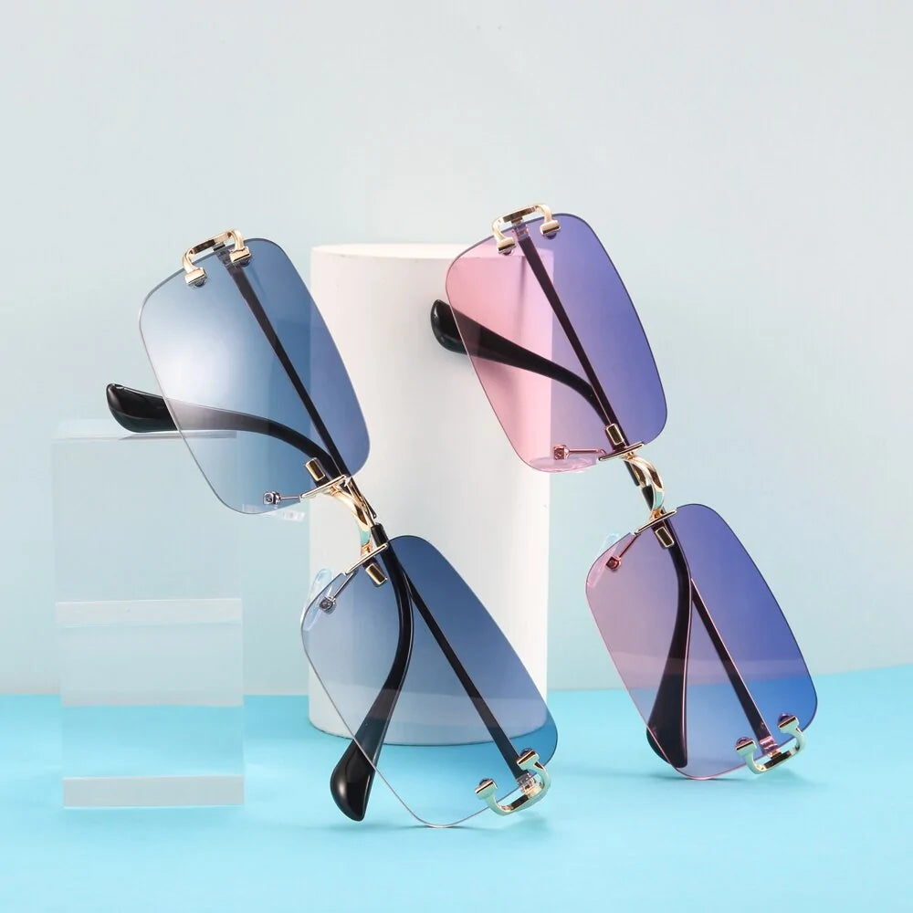 Blue Rectangular Rimless Sunglasses
